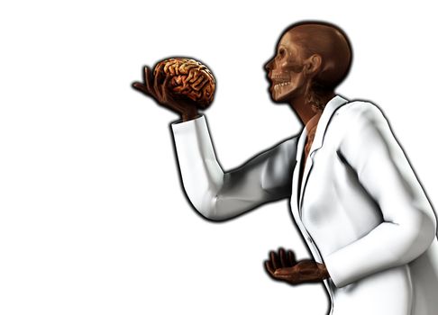 A anatomical women holding her own brain.