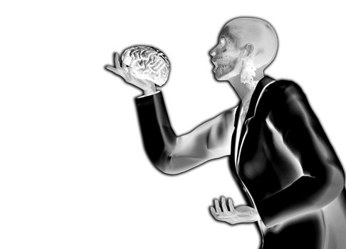 A anatomical women holding her own brain.