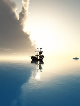 A sail boat on a tranquil sea.