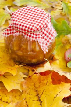 Full jar of apple jam on the leaves