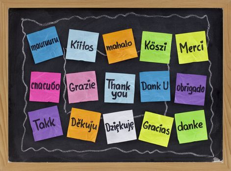 Thank you in sixteen languages - colorful sticky notes on blackboard with white chalk smudges