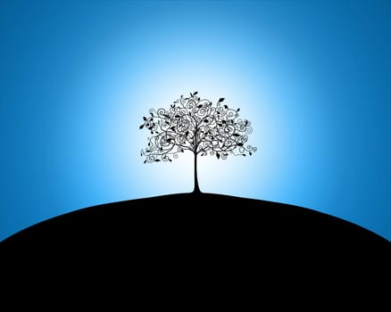 Illustration of a tree on a hill with glowing effect behind