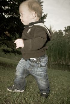 a little boy walking over the lawn near the lakeside