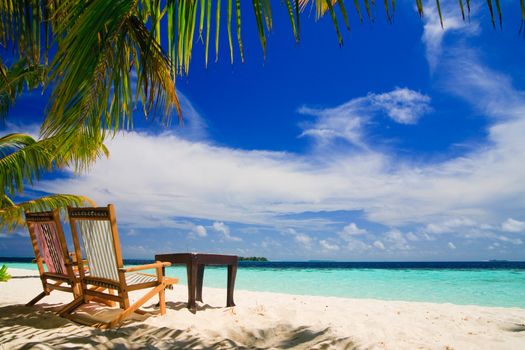 Relaxing on tropical paradise with white sand at Maldives and green palms with blue sky
