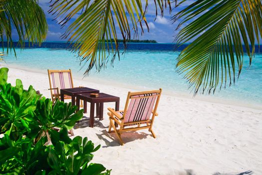 Relaxing on tropical paradise with white sand at Maldives and green palms with blue sky