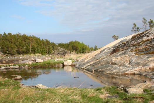 north: stones, pond and rocks
