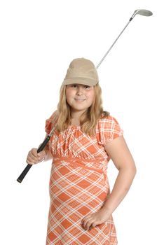A young girl is just learning to golf and wearing casual clothing, holding a golf club and isolated against a white background.