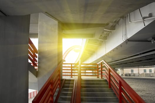 view on the Stairway under concrete road bridge with column in Moscow