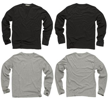 Photograph of two wrinkled blank black and gray long sleeve shirts, fronts and backs.  Clipping path included.  Ready for your design or logo.