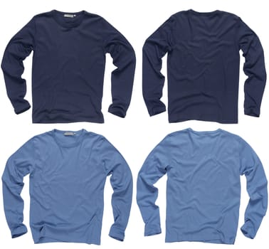 Photograph of two wrinkled blank navy and light blue long sleeve shirts, fronts and backs.  Clipping path included.  Ready for your design or logo.