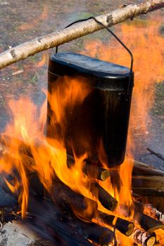 Cooking in a kettle on a fire.