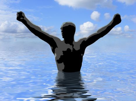 Illustration of a man  in water with his arms up