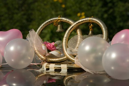 Gold wedding rings on a roof of the car