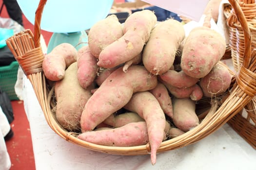 Basket ful of sweet potatoes on local market
