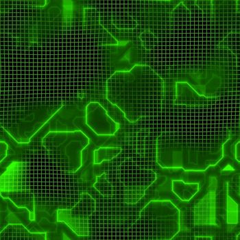 Green computer circuit board circuitry texture that tiles seamlessly as a pattern in any direction.