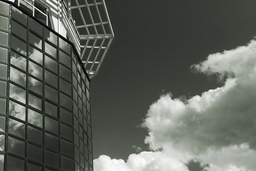 business building much offices bright blue sky.monochrome