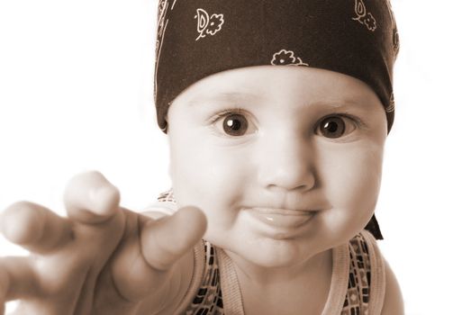 inquisitive tot, small boy wants be played.tone sepia