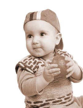 Vigorous child and fresh lemon.Rustic boy and present fresh citrus.tone sepia