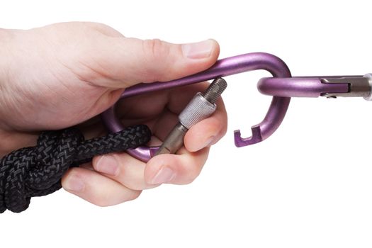 Carabiner and Rope in Hand isolated on the white background