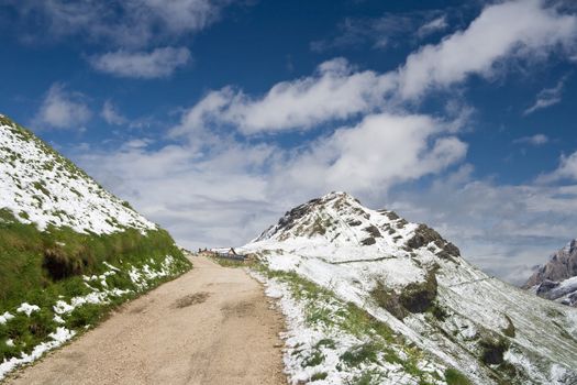 path that connects Pordoi pass to Fedaia pass, trentino, Italy. Photo taken with polarizer filter