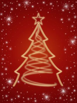 golden 3d christmas tree with gold stars and white lights over red background
