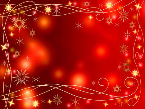 golden 3d stars and snowflakes over red background with lights and gleams
