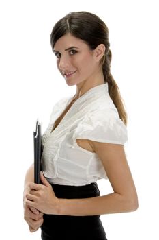 side view of smiling lady with files on an isolated background