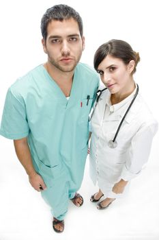 nurse standing with patient on an isolated white background