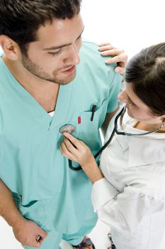 nurse examining the patient with stethoscope with white background