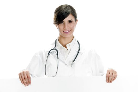 lady doctor standing with placard with white background