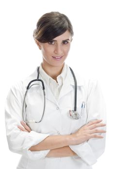 lady doctor with crossed arms and stethoscope on an isolated white background
