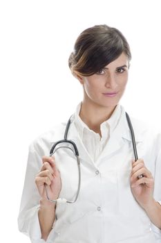 lady doctor holding stethoscope against white background