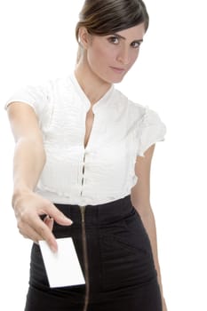 young woman showing identity card against white background