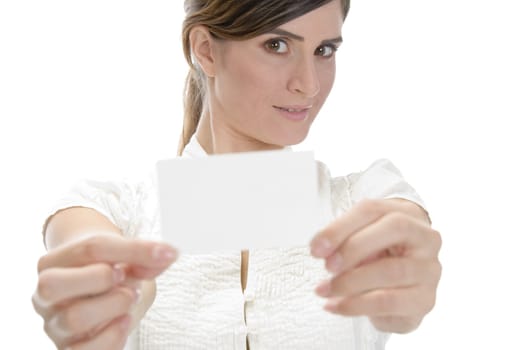 young model holding identity card on an isolated background