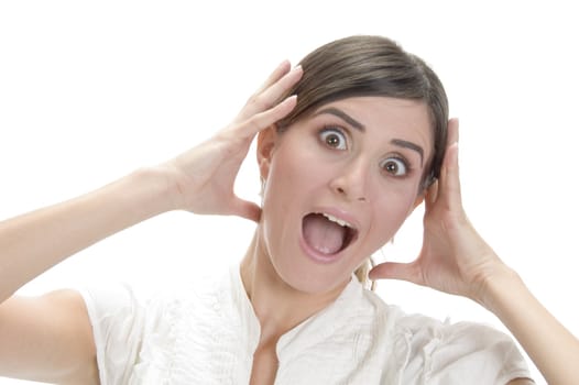 screaming young lady on an isolated white background