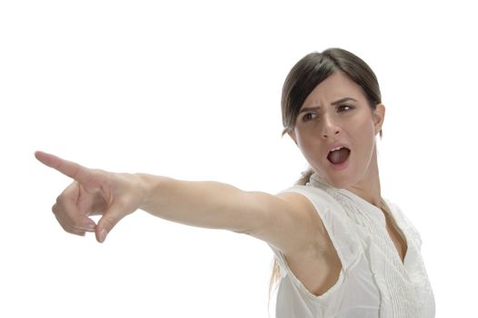 lady pointing side on an isolated white background