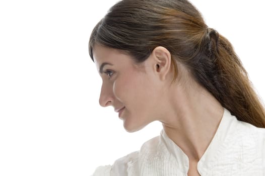 charming lady looking side on an isolated white background