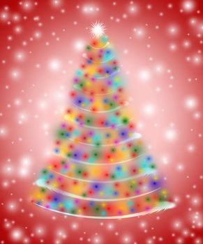 christmas tree drawn by white, red, yellow, orange, pink, violet, green and blue lights 
