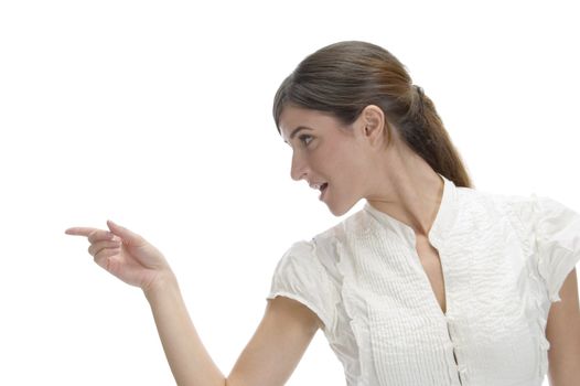 indicating woman looking side on an isolated white background