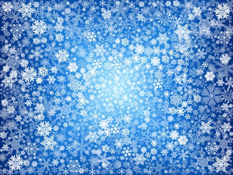 white snowflakes over blue background with feather center
