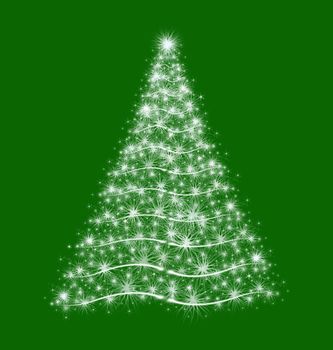 christmas tree drawn by white lights over green background 
