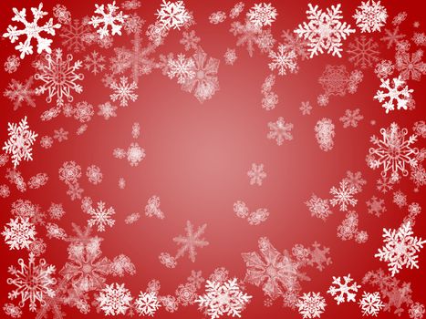 white snowflakes over red background with feather center