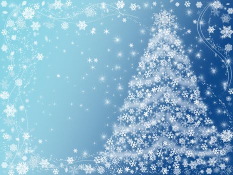 christmas tree drawn by white snowflakes over blue background 
