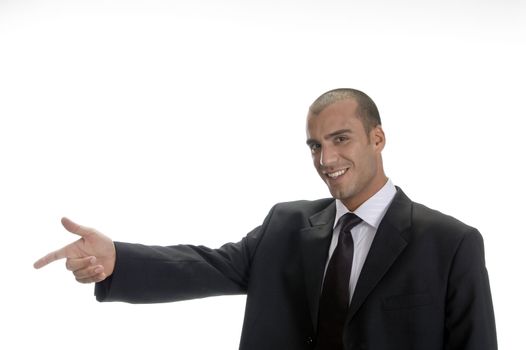 happy businessman pointing in front