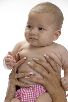 mother hands holding baby against white background