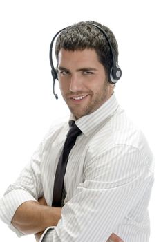 smiling businessman posing with headset against white background