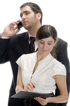 young businessman busy with phone call with white background