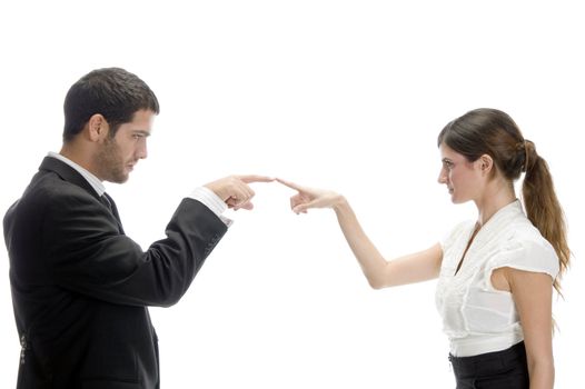 attractive couple joining fingers on an isolated white background