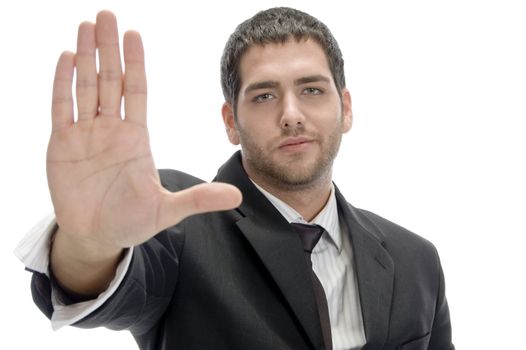 businessman stopping someone on an isolated white background