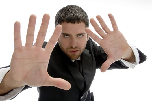 young man with hand gesture isolated on white background